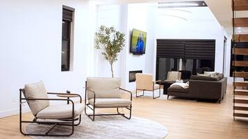 Smart TV, fireplace, computer monitors