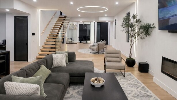A modern living room with a staircase, a black coffee table, and a large TV. - Grand, Spacious Villa in the Heart of Downtown High River (High River)