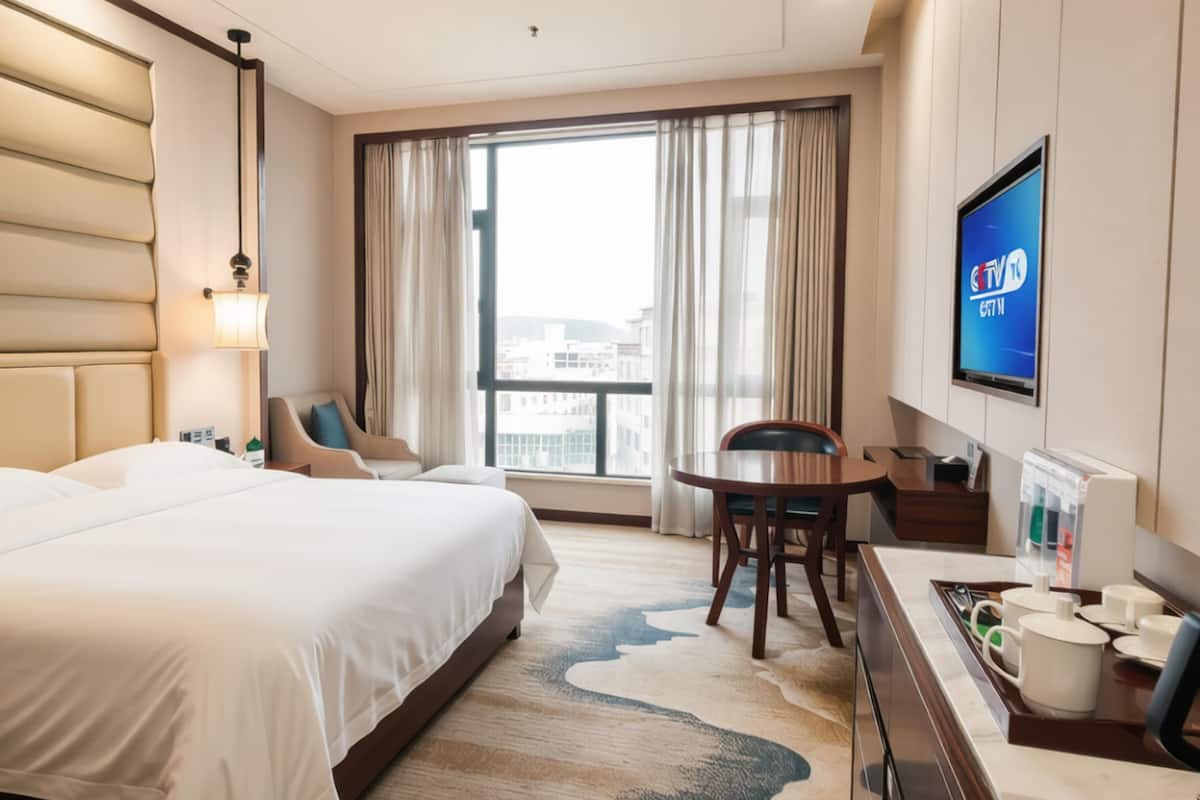 A hotel room with a large bed, a desk with a TV, a chair, and a view of the city.
