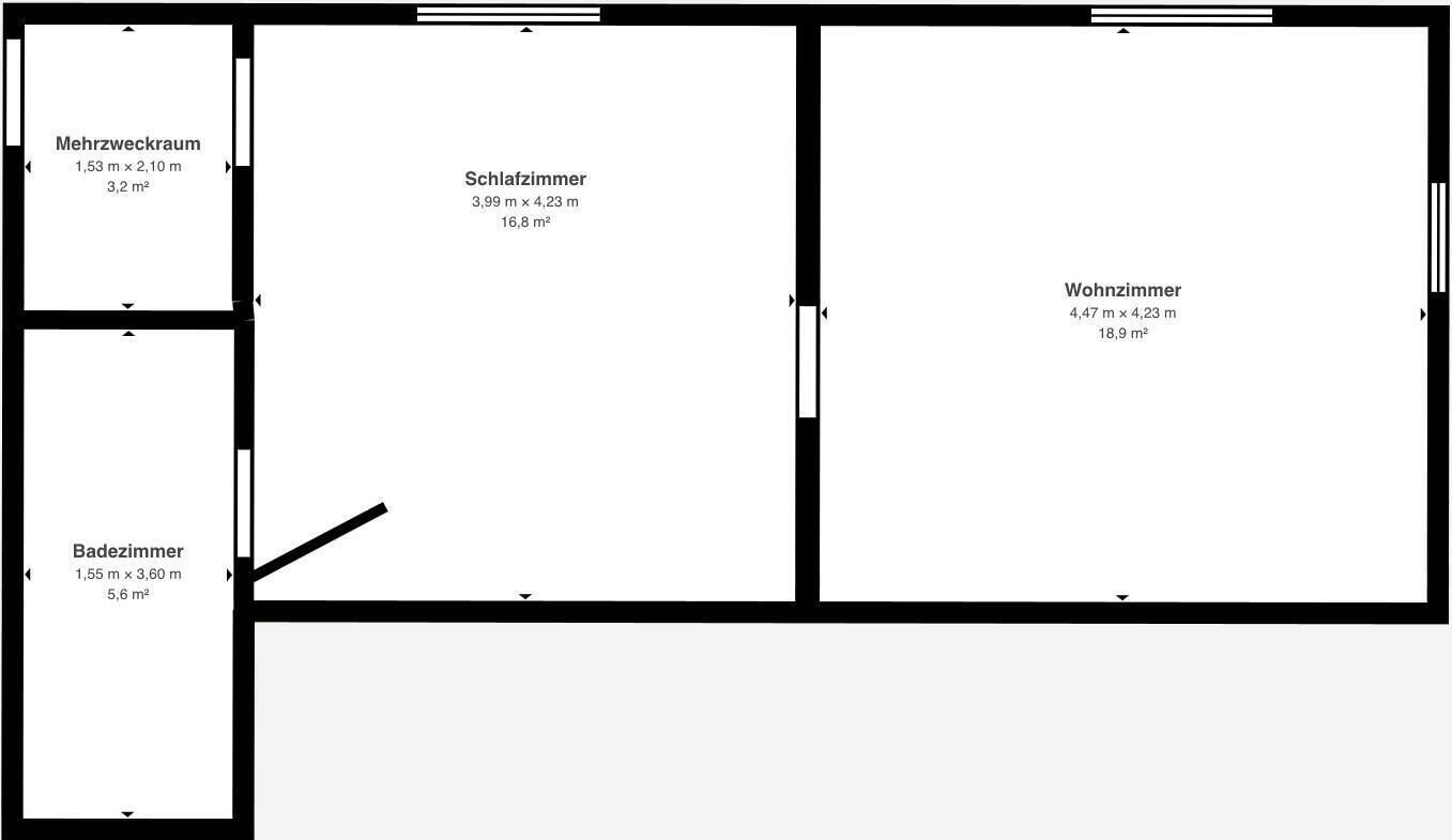 A floor plan with a bedroom (1.55 m x 3.60 m, 5.6 m²), a living room (4.47 m x 4.23 m, 18.9 m²), a bathroom (1.53 m x 2.10 m, 3.2 m²), and a bedroom (3.99 m x 4.23 m, 16.8 m²).