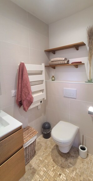 Regadera, toallas, papel de baño