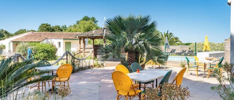 An outdoor patio with tables and chairs, a pool, and a covered area.