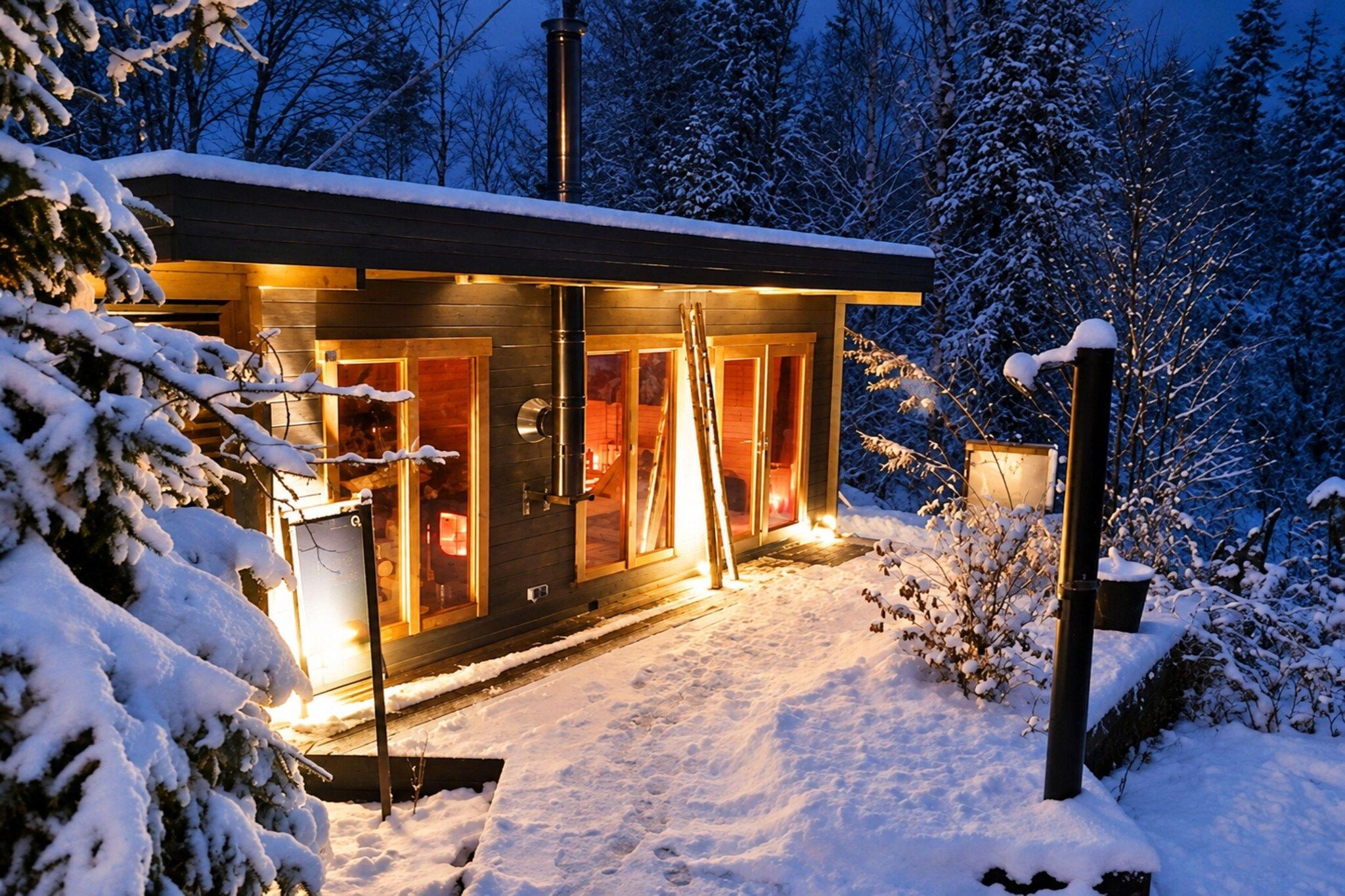 A modern house with a glass facade, wooden exterior, and a snow-covered landscape at dusk.