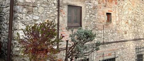 Un edificio de piedra con varias ventanas, techo de metal y un jardín con diversas plantas.