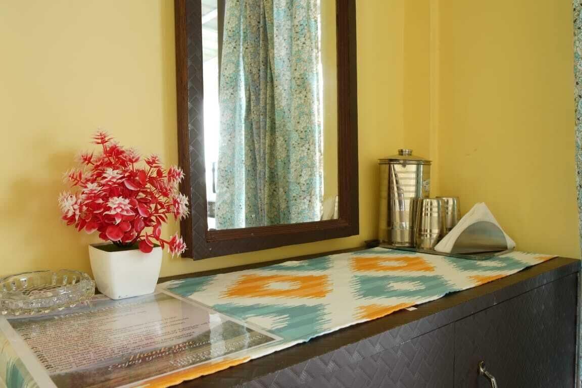 A bathroom with a mirror, a potted plant, a patterned mat, and a cabinet with toiletries.