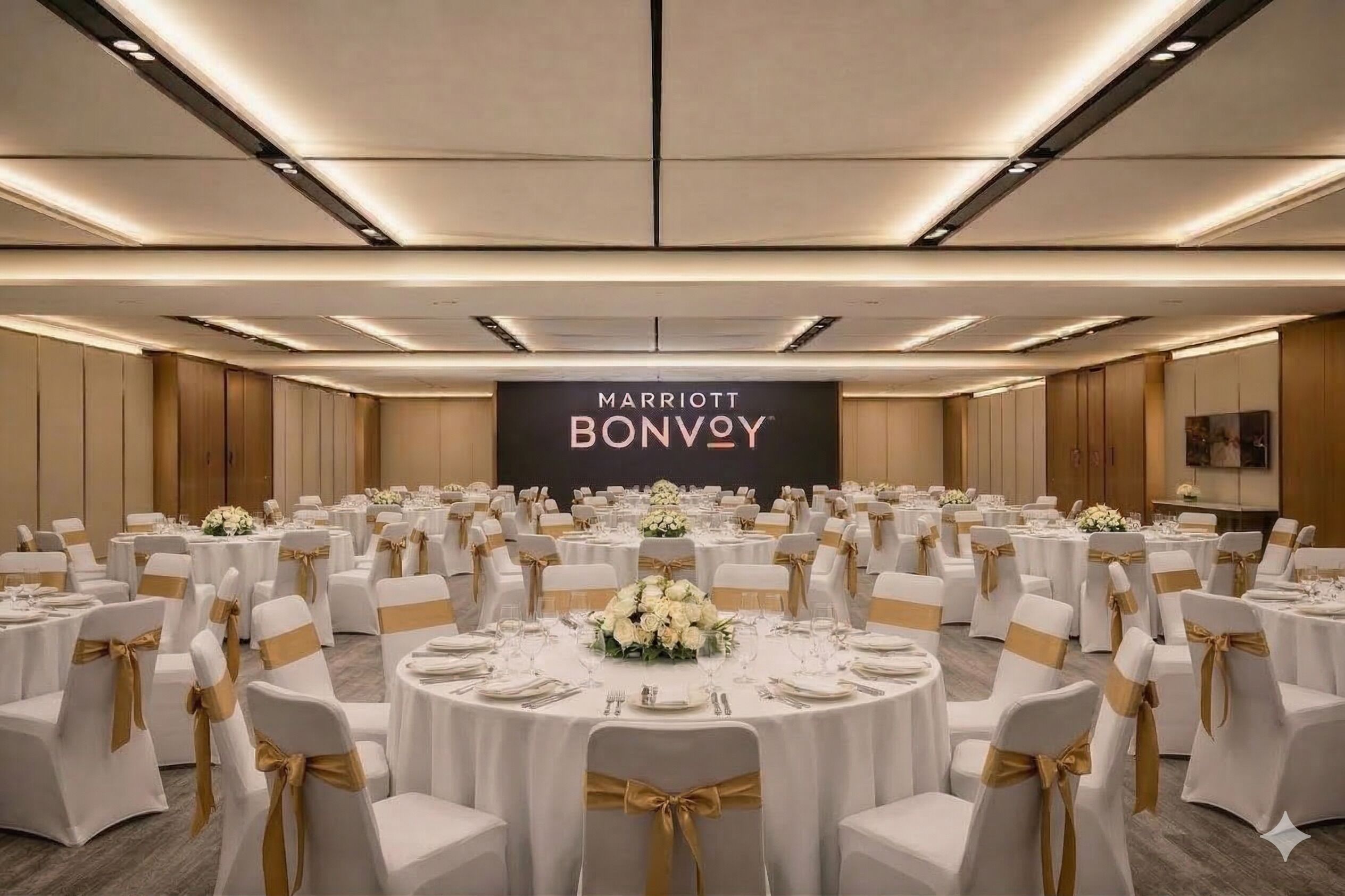 A large, well-lit banquet hall with round tables, white chairs with gold sashes, and a large screen displaying 'MARRIOTT BONVOY'.