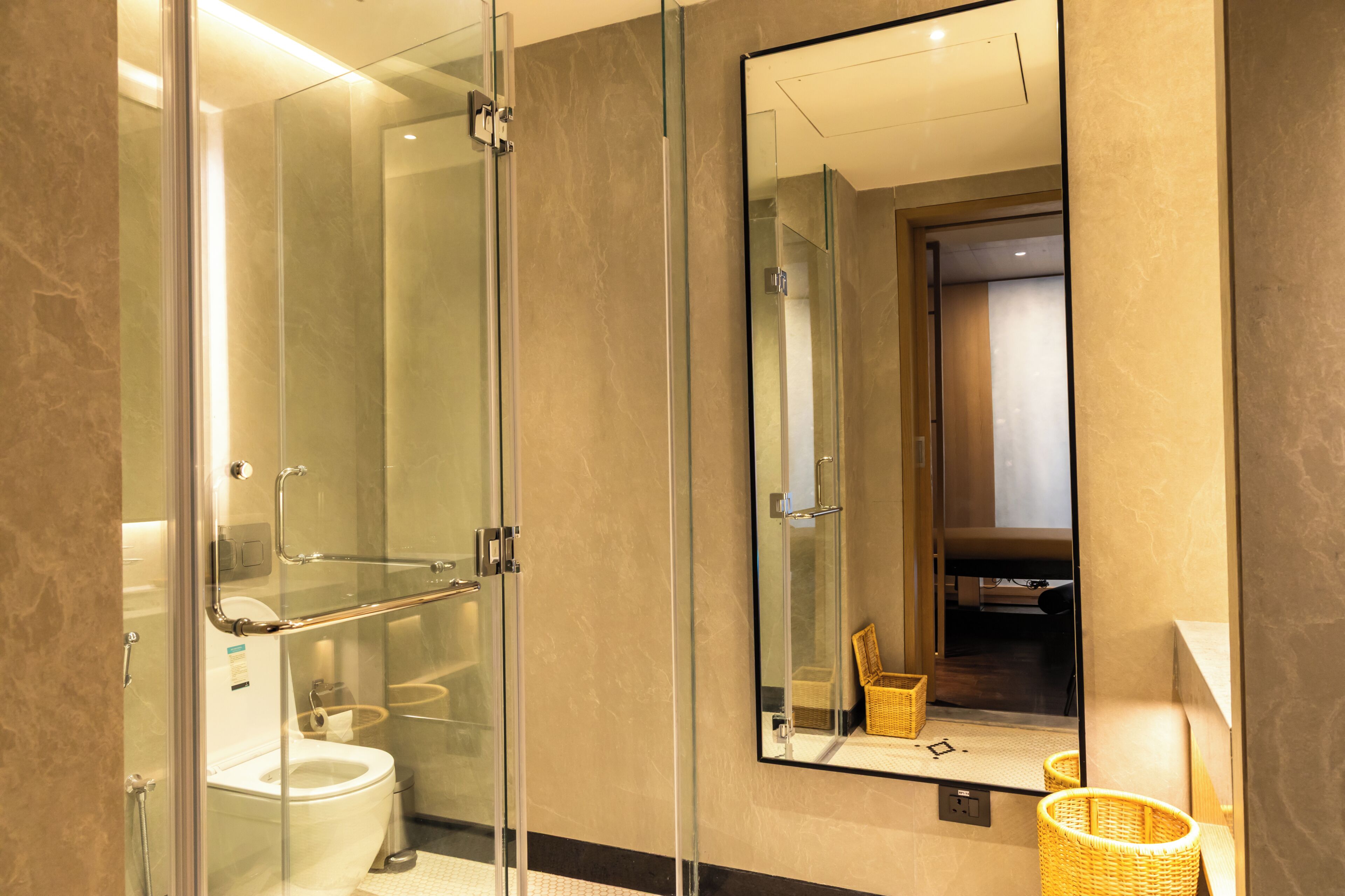A modern bathroom with a glass-enclosed shower, a toilet, and a large mirror reflecting the room.