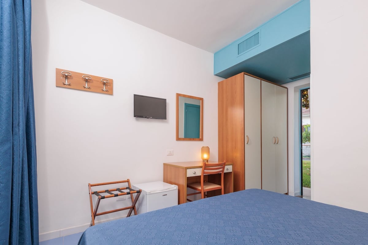 A bedroom with a bed, a desk, a chair, a TV, a wardrobe, and a window.