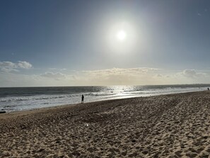Uma praia com céu claro, sol e oceano.