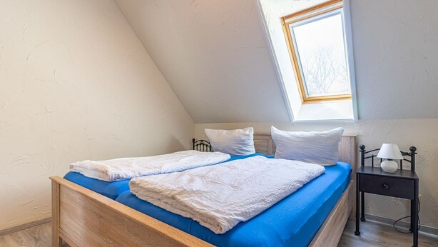A bedroom with two beds, a skylight, a bedside table with a lamp, and a wooden headboard. - Pferdehof Königsstuhl - Apartment 1 Mecklenburger - Holidays at the riding stable - (Lohme)