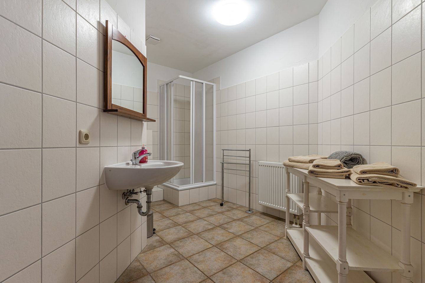 Ein Badezimmer mit einem weißen Waschbecken, einem Spiegel, einer Dusche und einem Handtuchhalter.