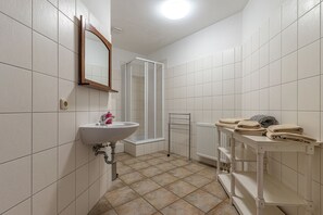 Ein Badezimmer mit einem weißen Waschbecken, einem Spiegel, einer Dusche und einem Handtuchhalter.
