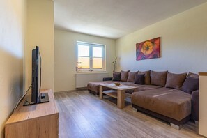 A living room with a sofa, a coffee table, a TV on a stand, and a window with blinds. - Pferdehof Königsstuhl - Apartment 5 Friese - Holidays at the riding stable - Apartment (Lohme)