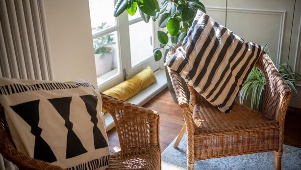 Una silla de mimbre con un cojín a rayas, un cojín de estampado geométrico y una planta en maceta en una habitación con ventana y un cojín amarillo.