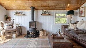 Een gezellige woonkamer met een houtkachel, meubels met een geruit patroon en decoratieve planken.