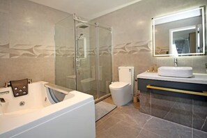 Shower, towels, soap, shampoo