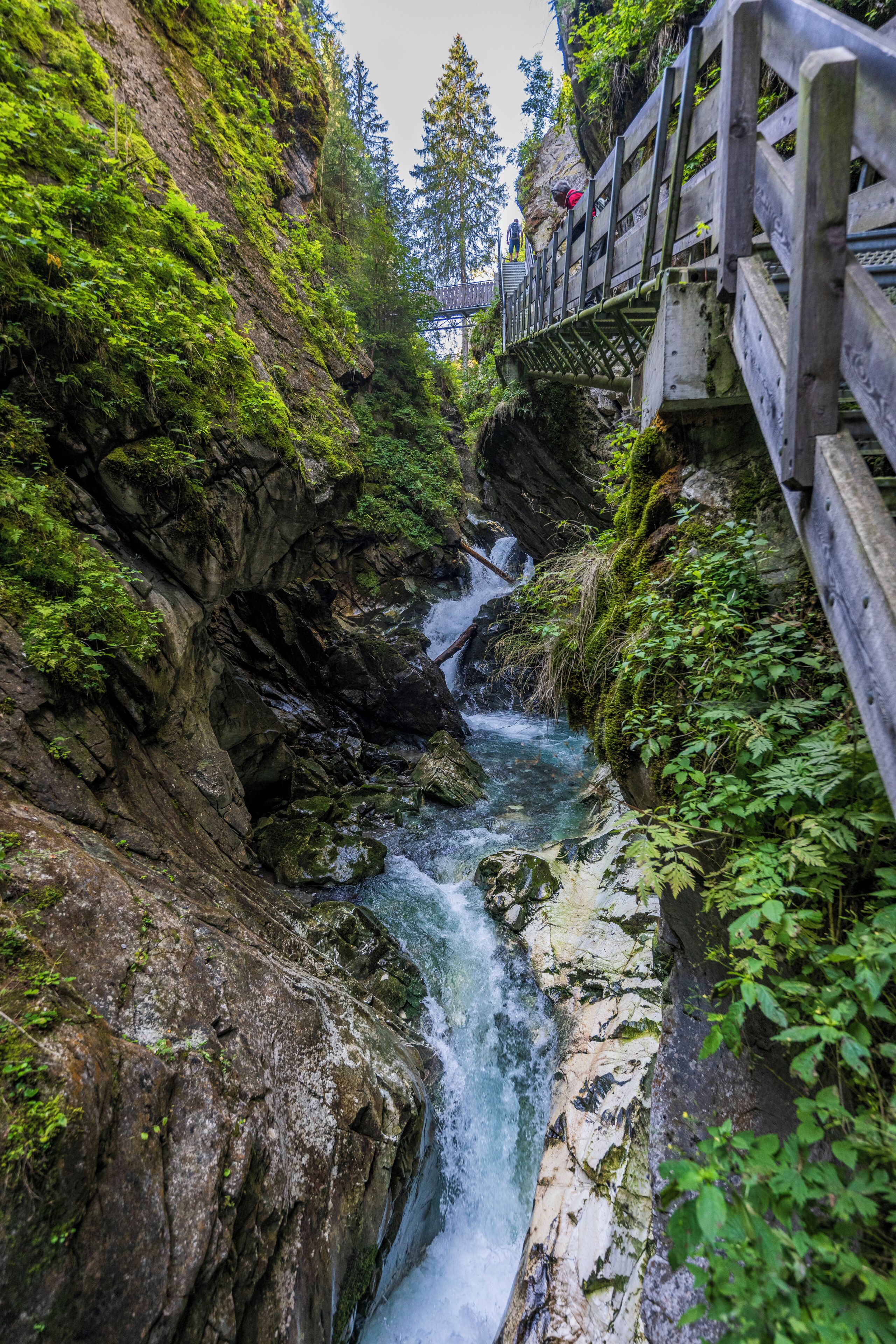 A wooden bridge over a rocky stream with lush greenery.