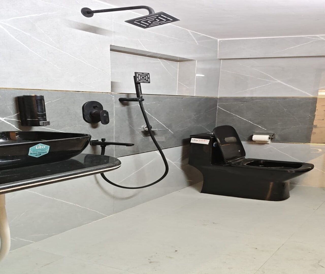 A bathroom with a black toilet, a sink, a showerhead, and a toilet paper holder.