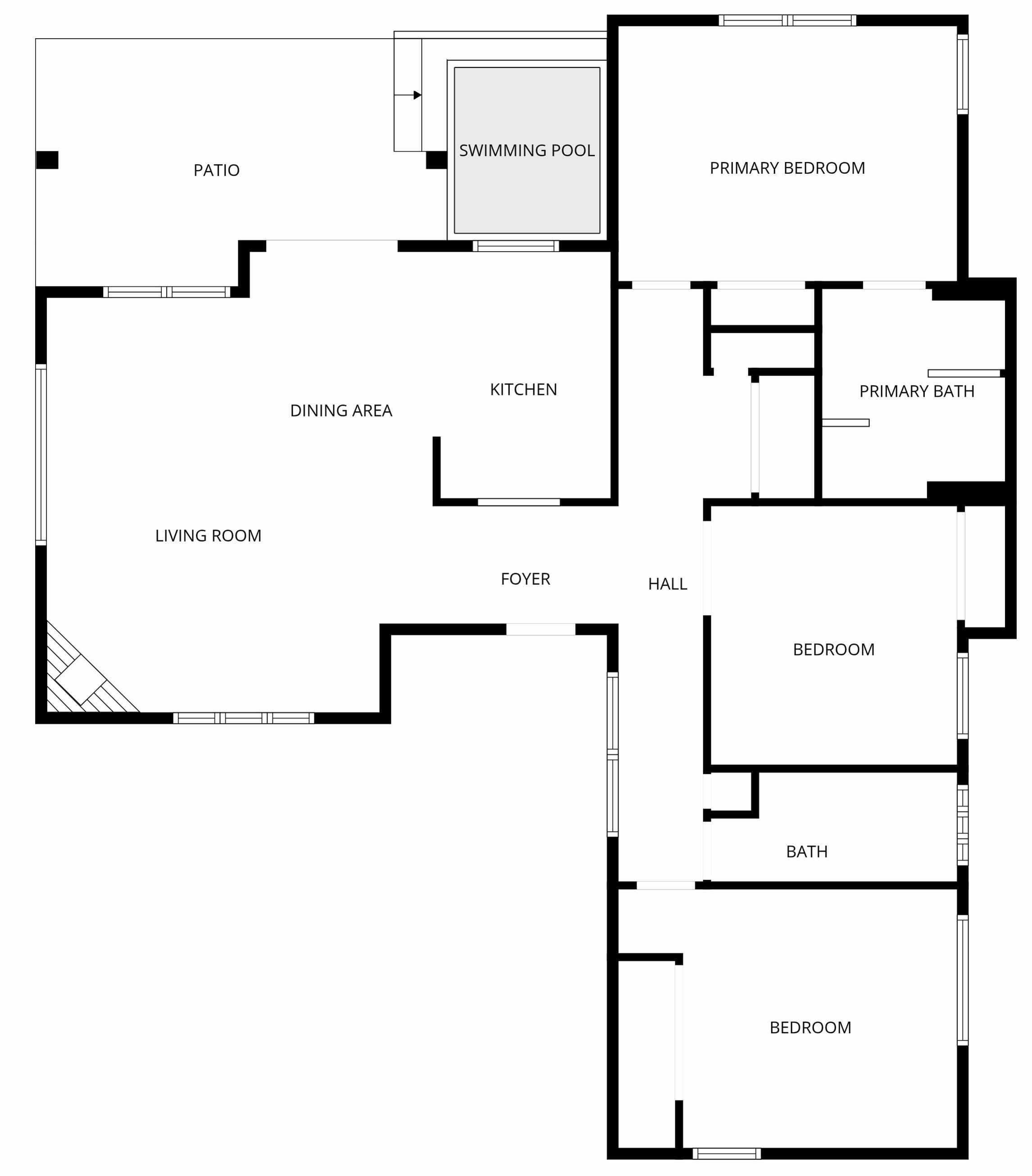 A floor plan with a patio, swimming pool, primary bedroom, dining area, kitchen, living room, foyer, hall, two bedrooms, and a bathroom.