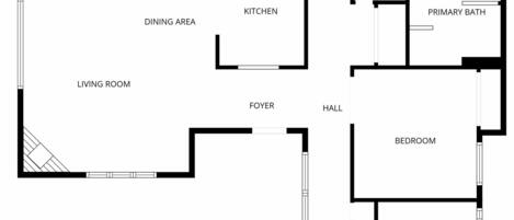 A floor plan with a patio, swimming pool, primary bedroom, dining area, kitchen, living room, foyer, hall, two bedrooms, and a bathroom.