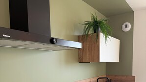 A modern kitchen with a black induction cooktop, a kettle, a toaster, and a sink. - Family home for 8–10 people • Garden • North Coast of Finistère (Plouzévédé)