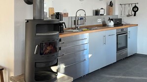 Une cuisine moderne équipée d’un poêle à bois, d’appareils électroménagers en acier inoxydable et d’un plan de travail en bois.