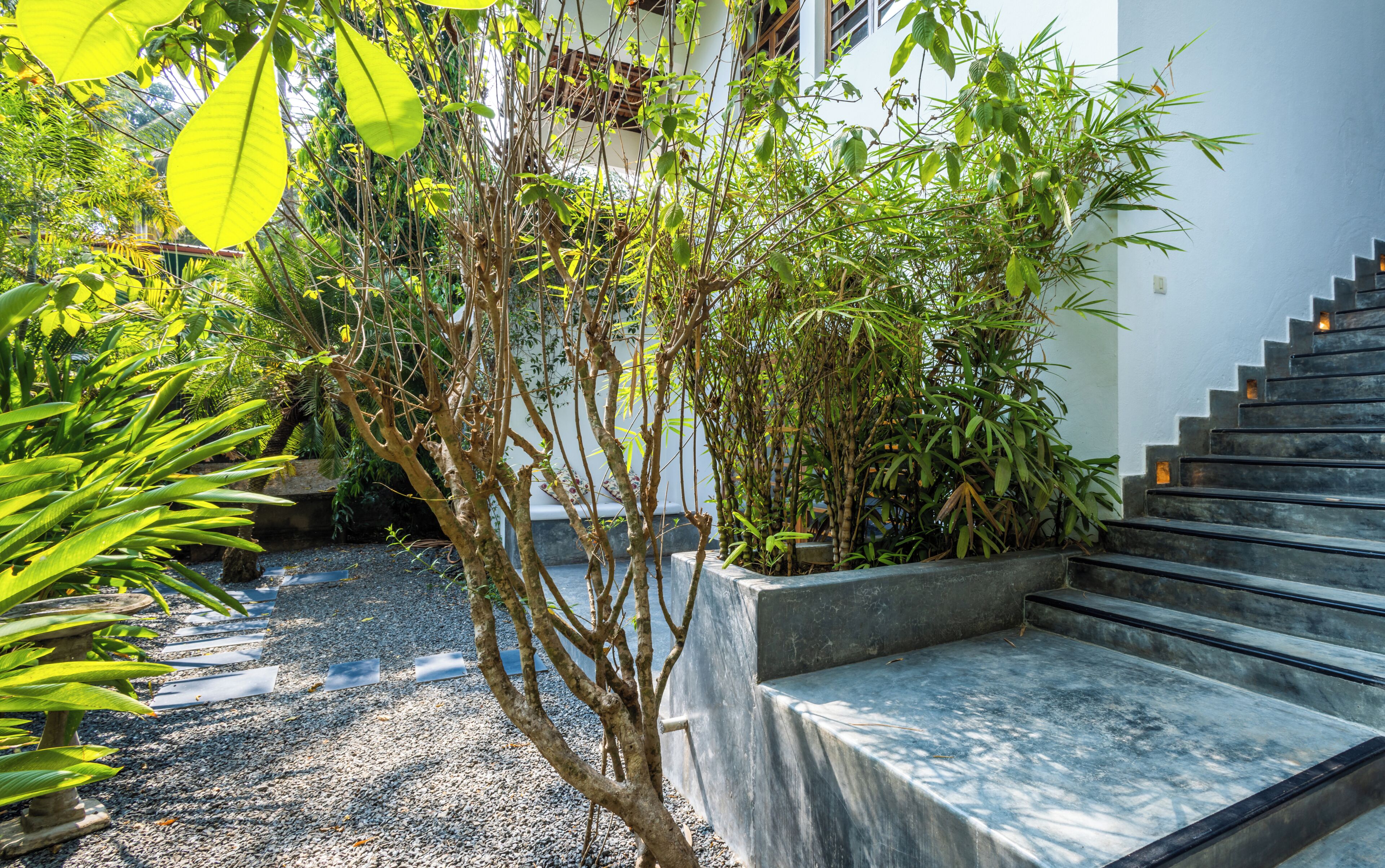 A staircase leading up to a white building, surrounded by greenery and a gravel path.