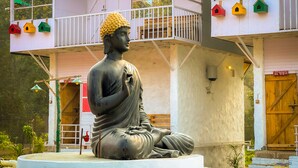 A statue of a seated figure in a meditative pose, set against a building with a balcony and colorful birdhouses. - PILIBHIT Forest & Feast (Puranpur)