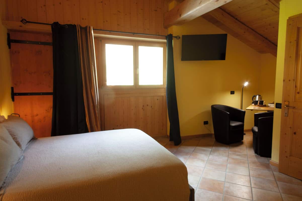 A room with a bed, a window with curtains, a television on the wall, and a small table with a lamp.
