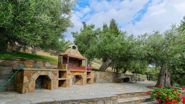 Cocina exterior de piedra con chimenea, rodeada de olivos y un camino de piedra.