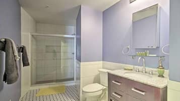 Appartement, 2 chambres, cuisine, vue ville | Salle de bain | Douche, sèche-cheveux, serviettes fournies, savon