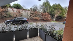 A parking area with a black SUV, potted plants, and a building in the background. - Studio with small terrace on first floor (Amiens)
