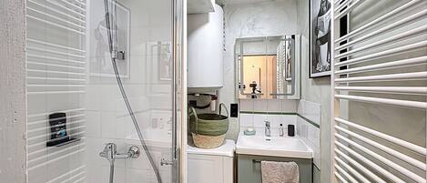 Hair dryer, towels, soap, toilet paper