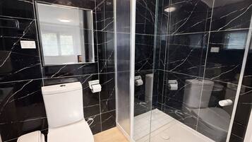 Hair dryer, towels, soap, toilet paper