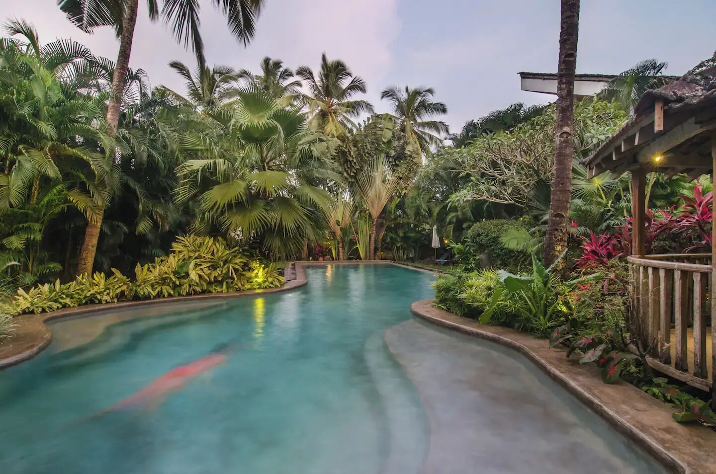 Una piscina rodeada de exuberante vegetación tropical y una estructura de madera.