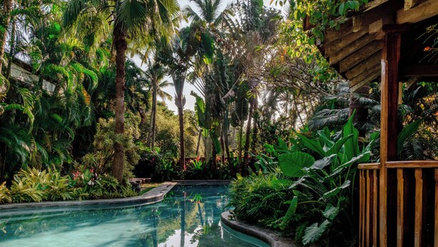 A pool surrounded by lush tropical vegetation and wooden structures. - Staymaster Ashvini 2BR Villa Jet Pool (Nerul)