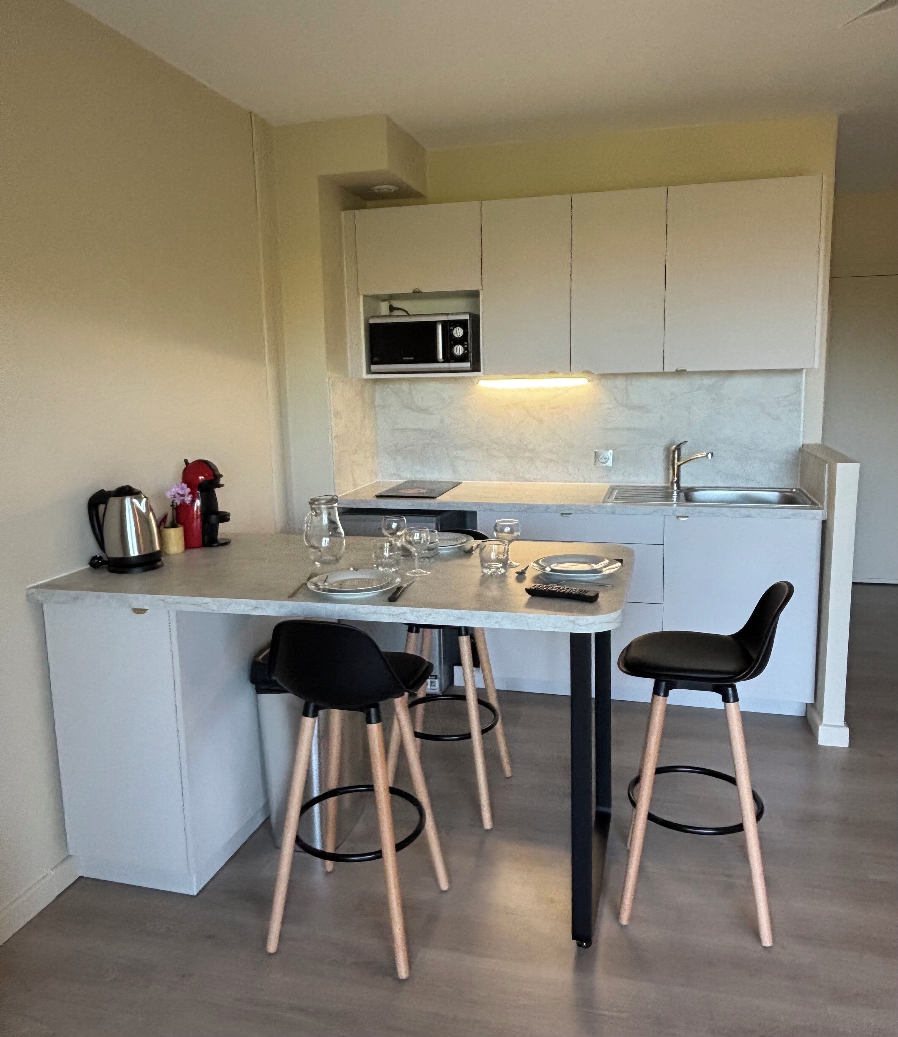 Kühlschrank, Mikrowelle, Herdplatte, Wasserkocher mit Kaffee-/Teezubehör