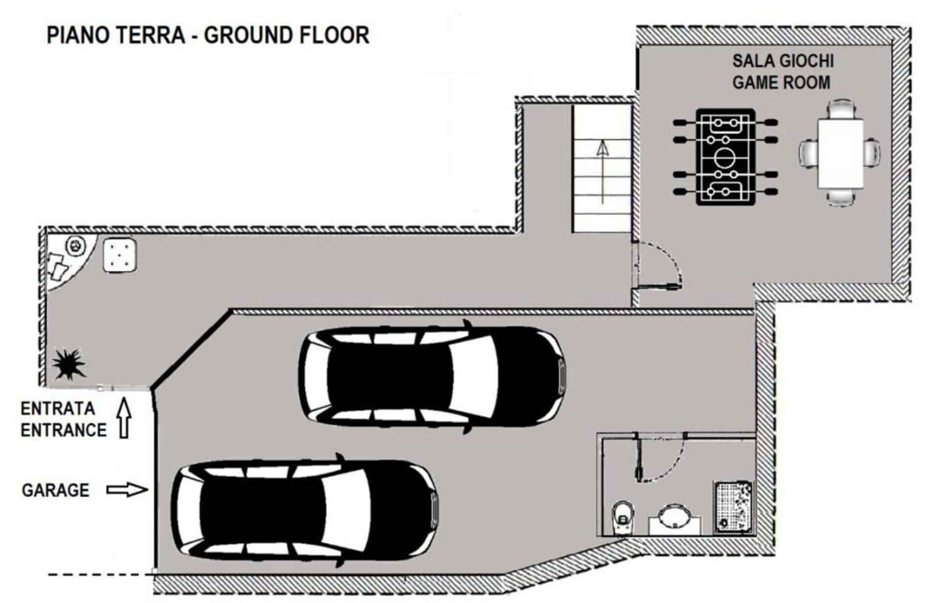 A ground floor layout with an entrance, two cars in the garage, a game room, and a bathroom.
