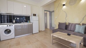 A modern kitchen with a washing machine, a microwave, and a sink. There is a grey sofa with cushions and a wooden coffee table. - Happy Ellen Seafront 1 by Travel Pro Services (Nea Plagia)