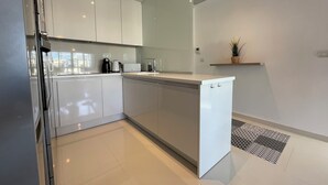 Una cocina moderna con armarios blancos, una encimera, un fregadero y una pequeña planta en maceta sobre una estantería.
