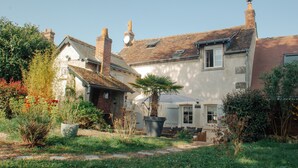A traditional house with a garden, a potted palm tree, and a small patio area. - House 5 minutes from Amboise (Chargé)