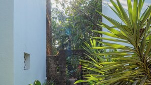 A pathway leading to a building entrance, surrounded by lush greenery and a stone wall. - Staymaster Bharini 2BR Villa Jet Pool (Nerul)