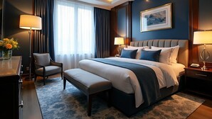 Habitación de hotel con una cama grande, un escritorio, una silla, un banco, una lámpara y un cuadro en la pared.