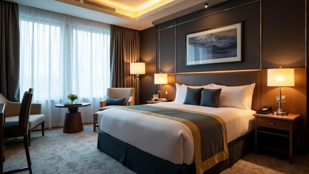 Habitación de hotel con una cama grande, dos mesitas de noche, un escritorio, una silla y una ventana con cortinas.