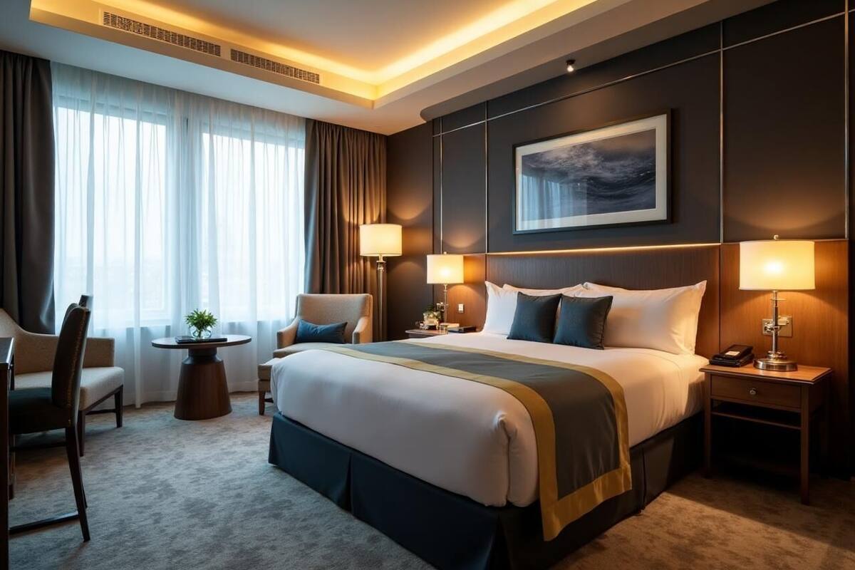A hotel room with a large bed, two bedside tables, a desk, a chair, and a window with curtains.