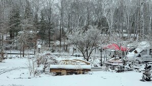 A snowy outdoor area with a wooden structure, possibly a cabin, surrounded by trees. - 3BR Retreat • Private Patio • Near DC & Pentagon (Springfield)