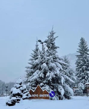 Paisaje nevado con un letrero de madera que dice 'AMPO SMITH' y una flecha señalando una dirección.