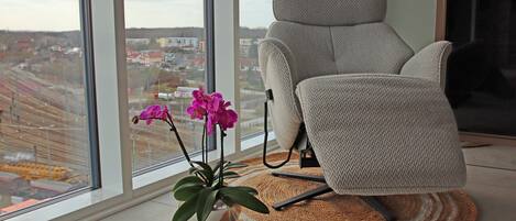 A modern chair with a textured fabric, a potted plant with green leaves, and a woven rug on the floor.