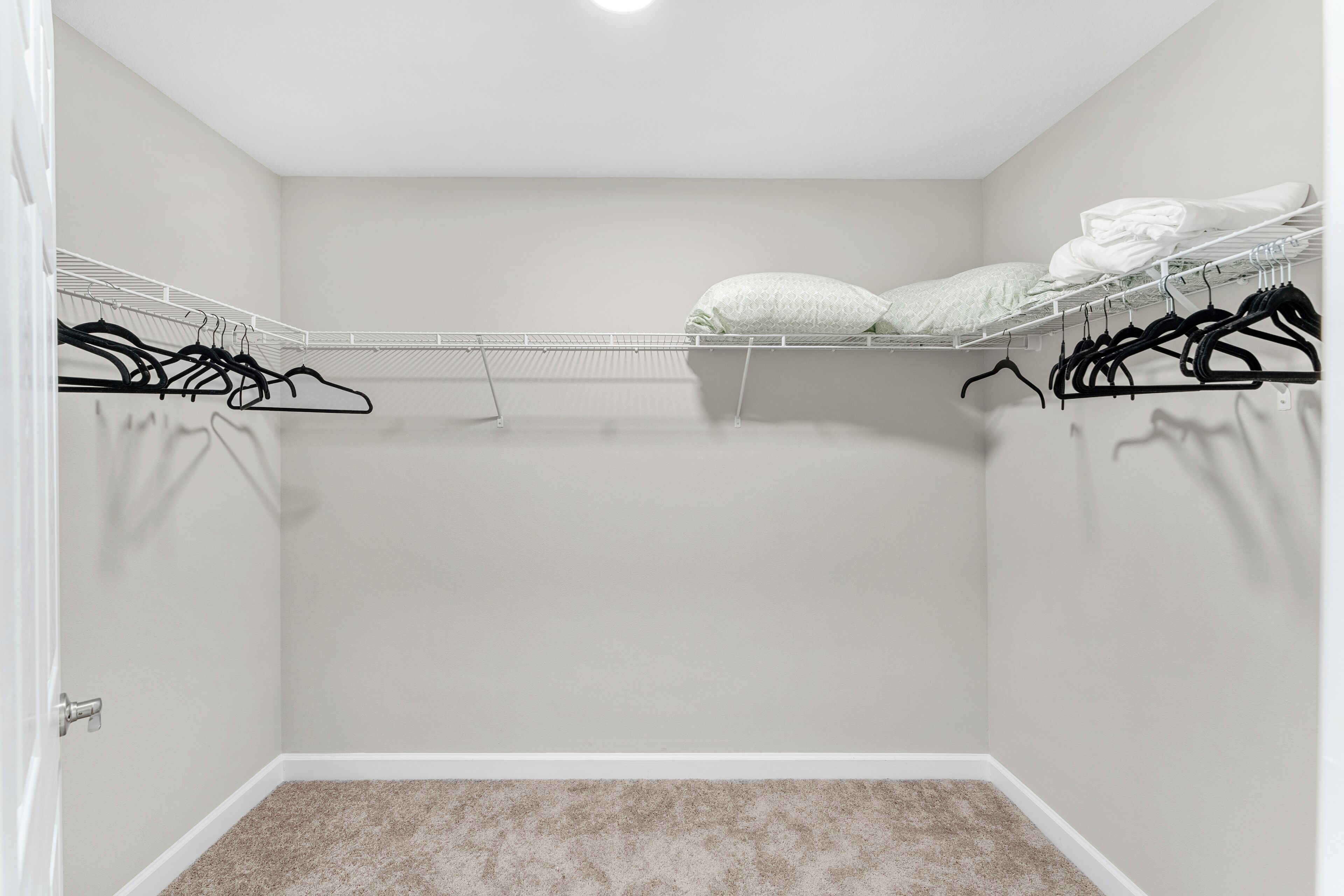 A walk-in closet with hanging space and shelves, carpeted floor, and a white door.