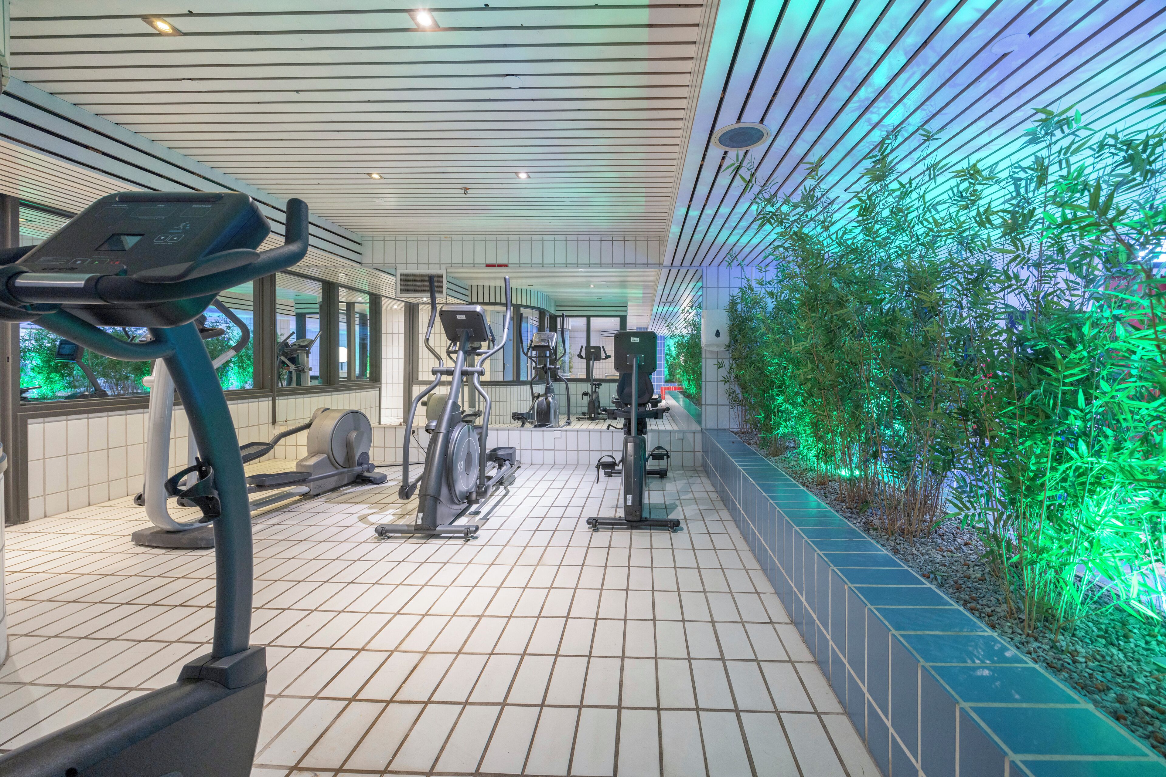 A gym with exercise equipment, a tiled floor, and a wall with green plants.